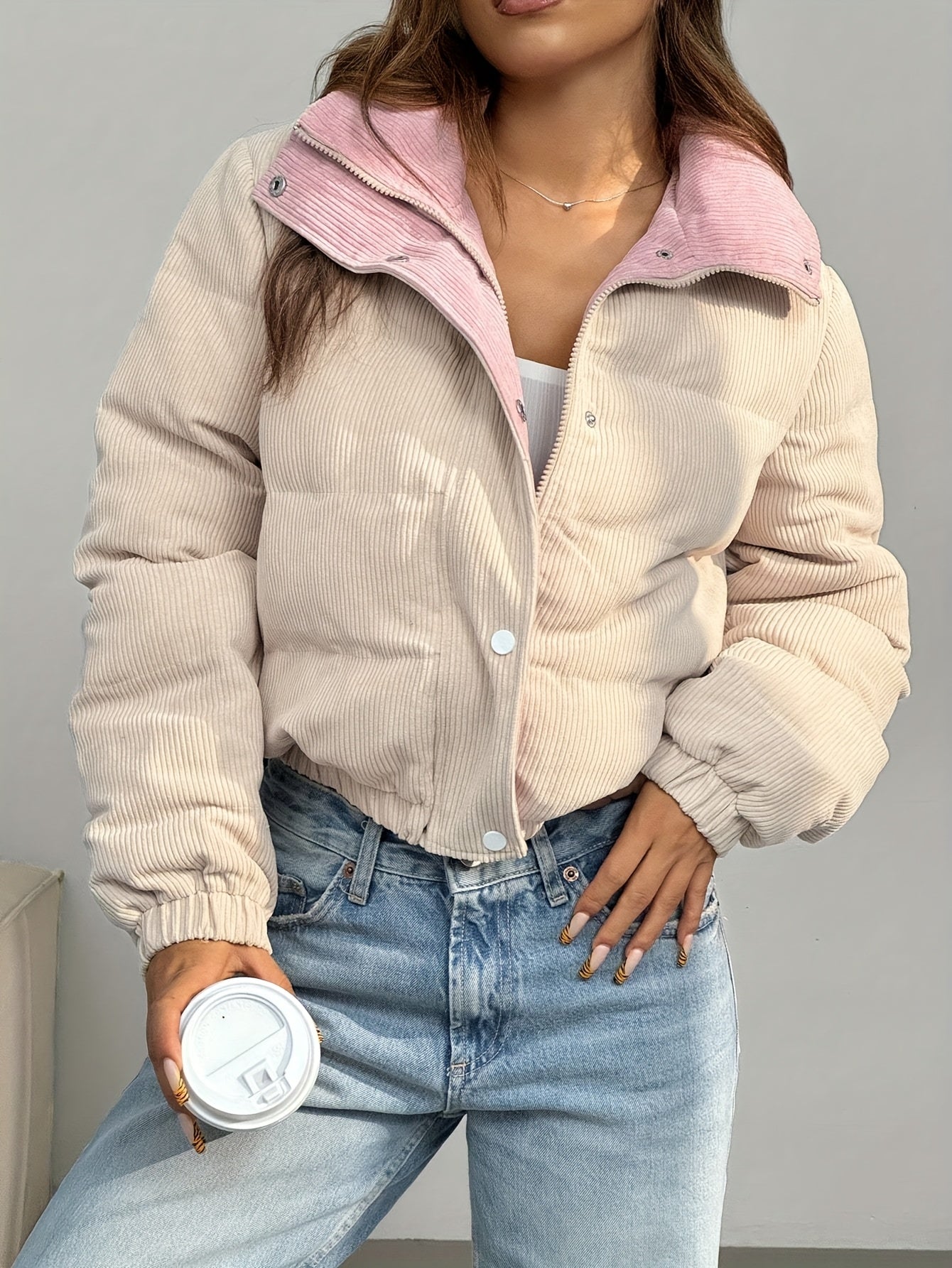 Damen Cord Pufferjacke Kurz Reverskragen Beige Rosa