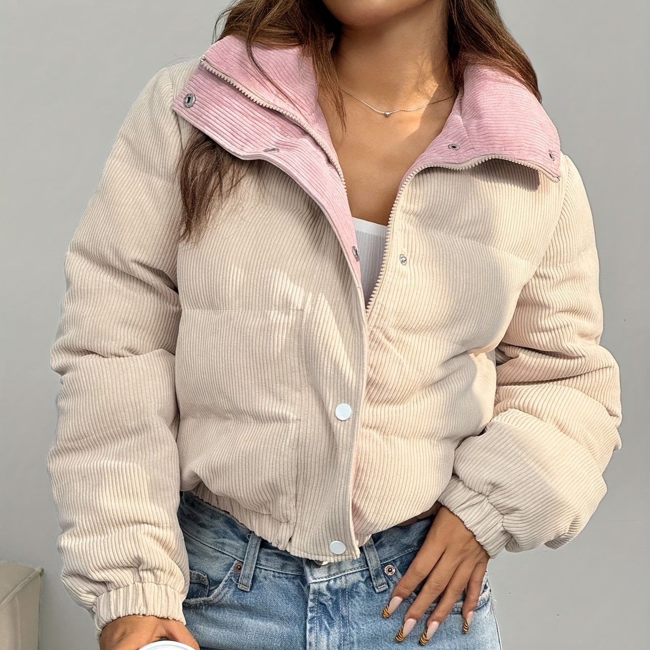 Damen Cord Pufferjacke Kurz Reverskragen Beige Rosa