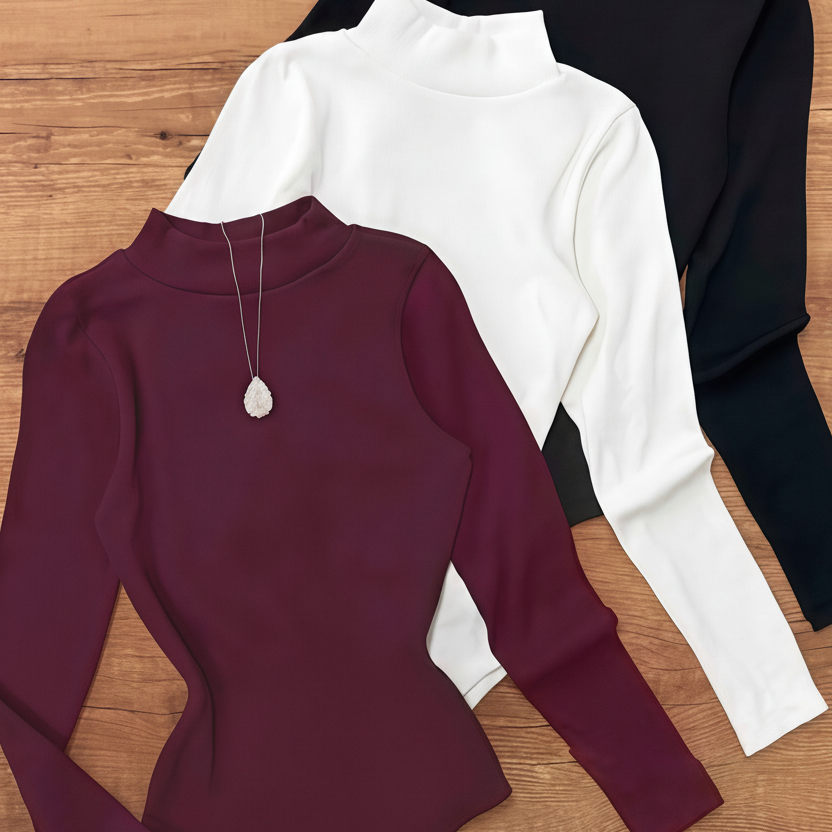 Damen Body Langarm Rollkragen Slim Fit Rippstrick Optik