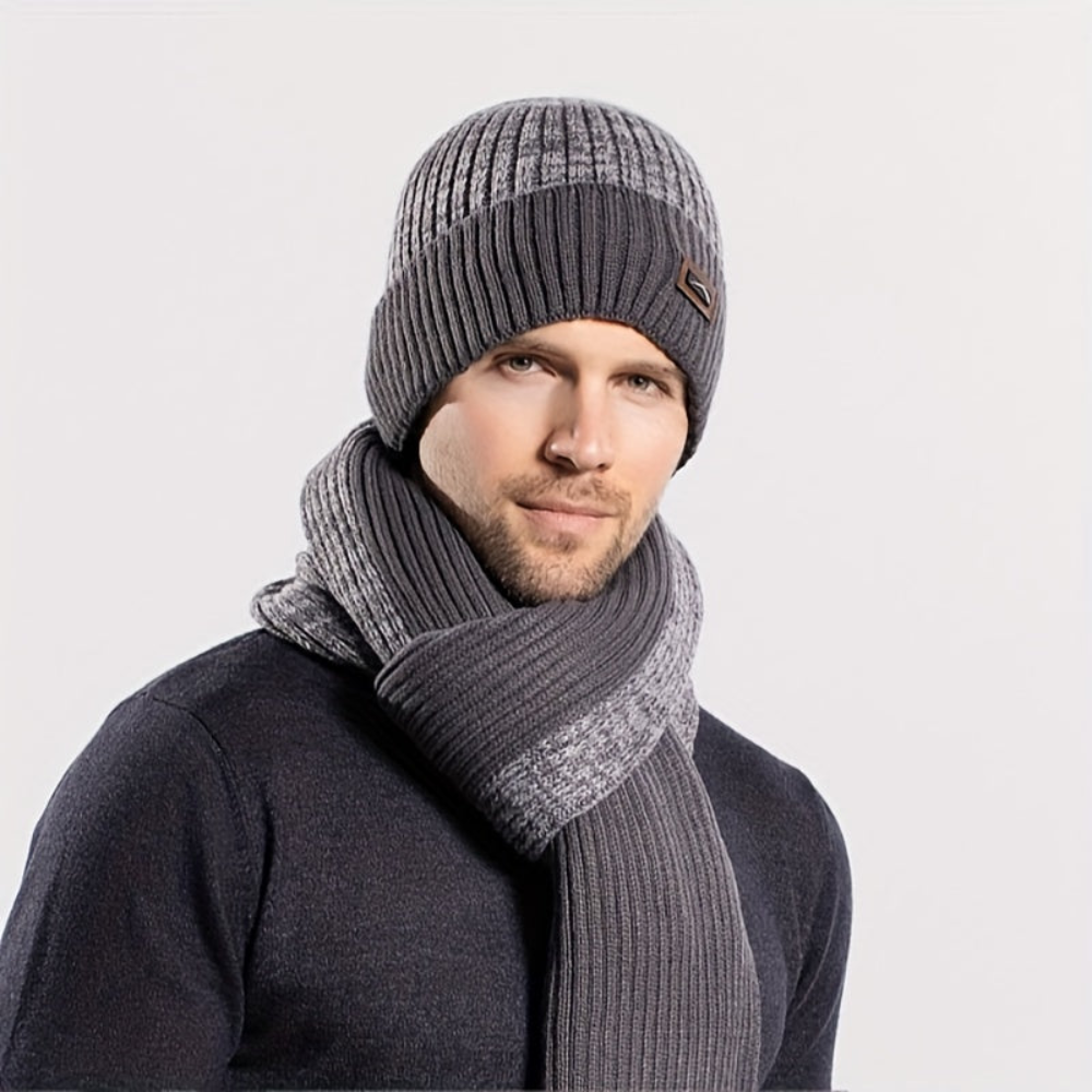 Strickmütze Schal Handschuhe Set Herren Warm Grau Winters Set