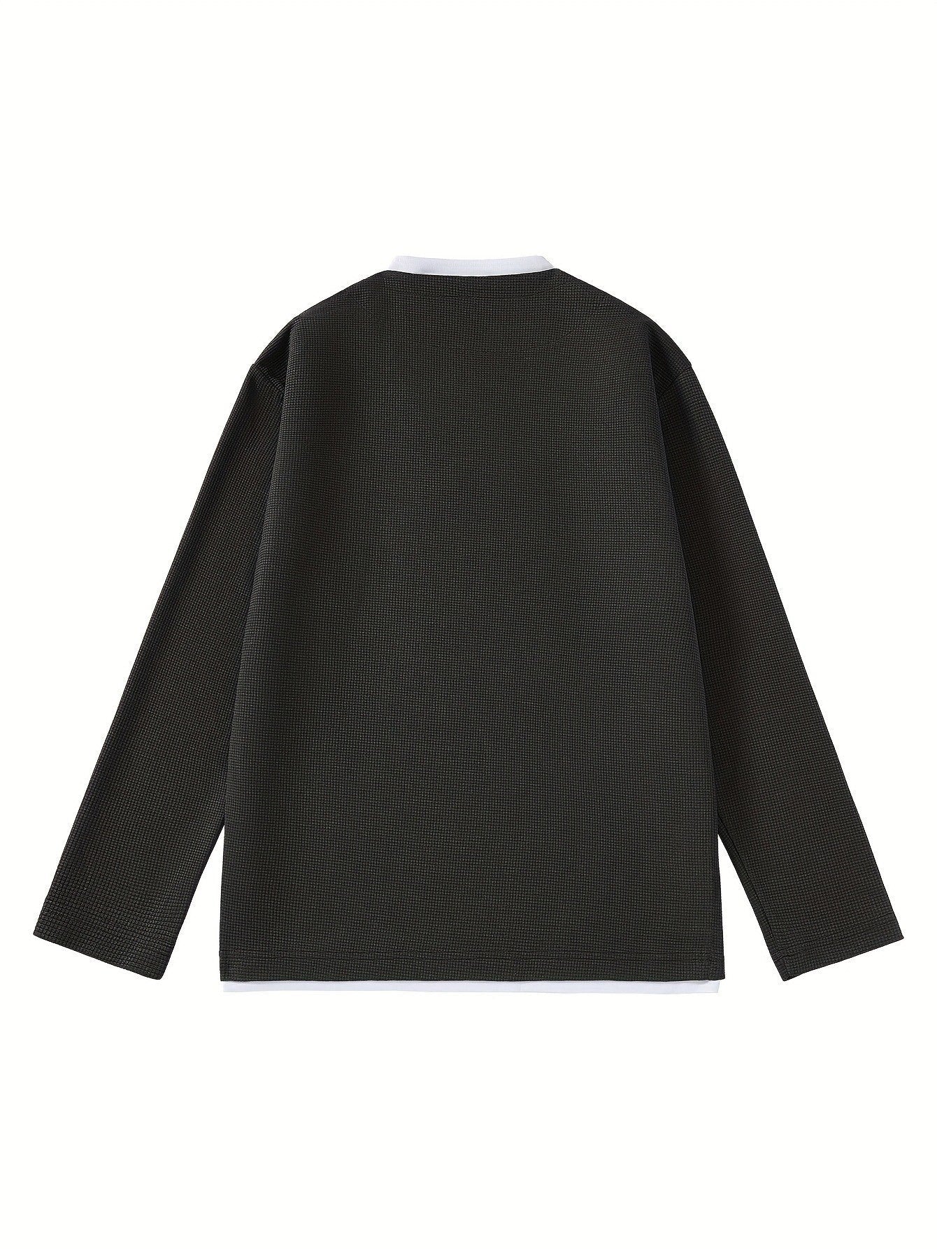 Men's Long-Sleeve Sweater, Waffle Texture, V-Neck, Two-Layer Look, Gray/Black
