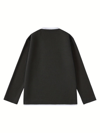 Men's Long-Sleeve Sweater, Waffle Texture, V-Neck, Two-Layer Look, Gray/Black