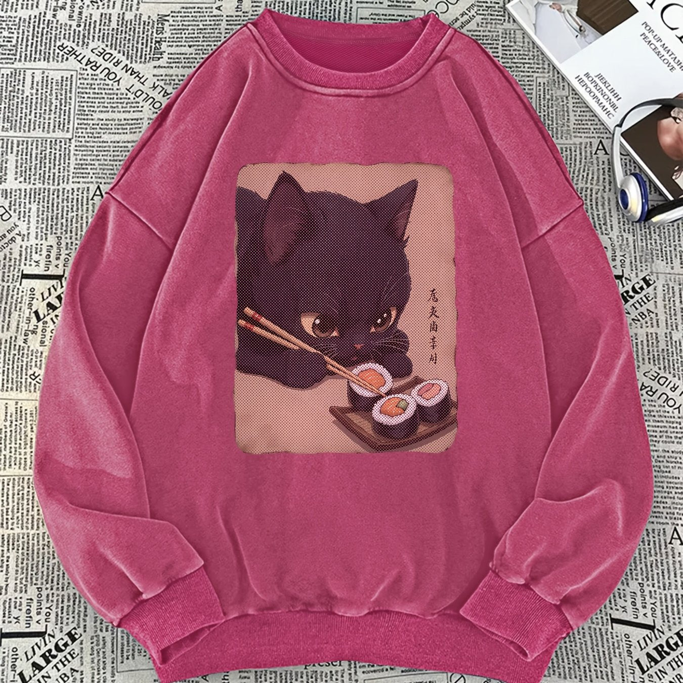 Unisex sweatshirt with cat sushi design, crew neck, long sleeves