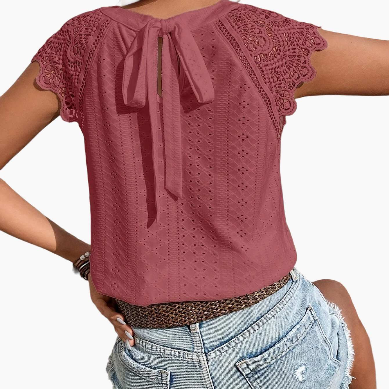 Women's lace blouse with back bow and short sleeves – summer casual boho style