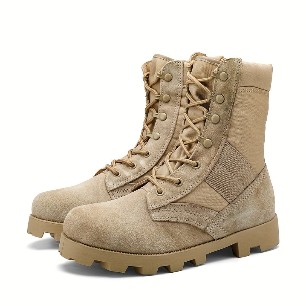 Beige men's lace-up boots with a zipper and rugged tread