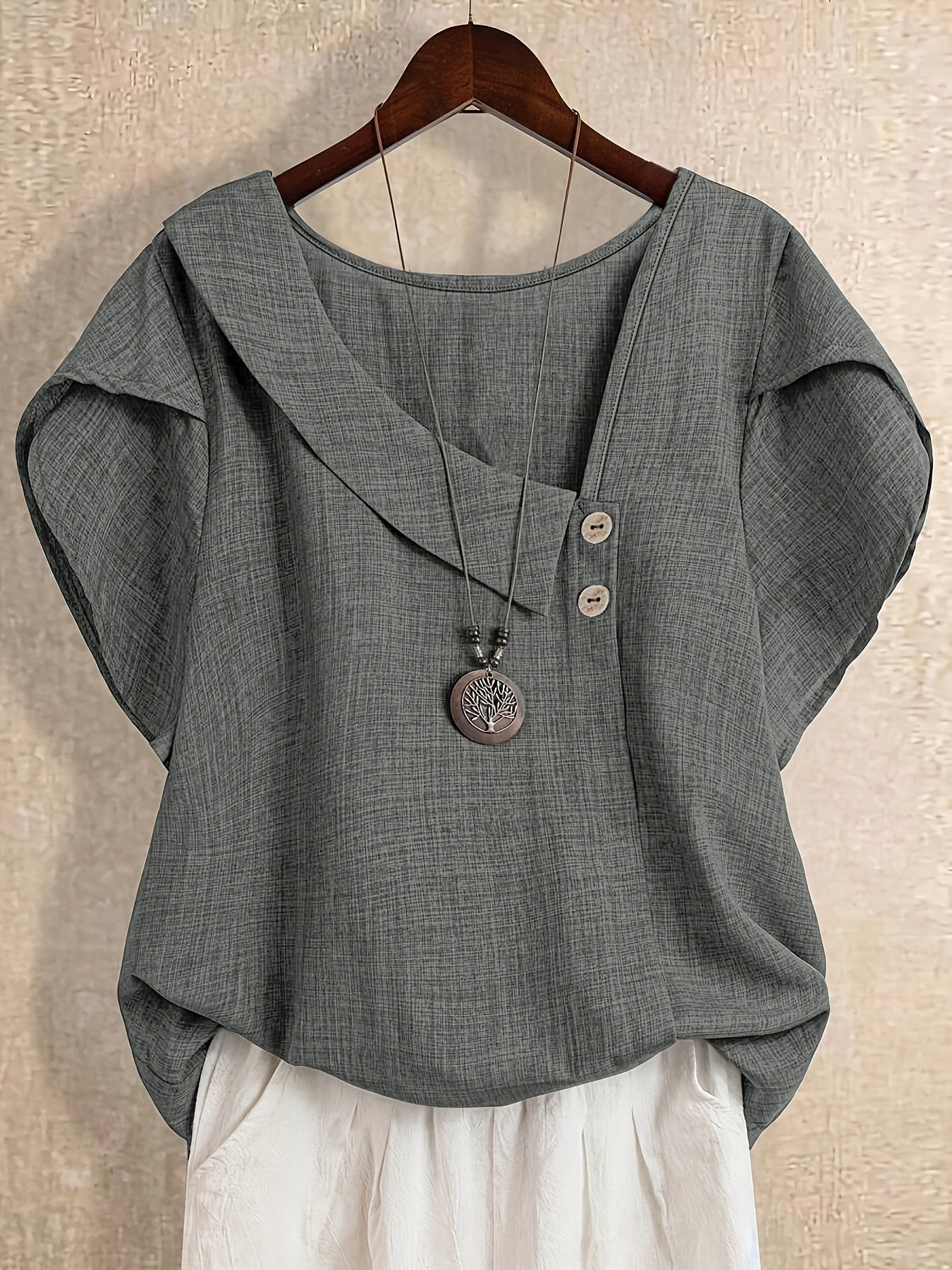 Women's tunic blouse with asymmetrical collar and short sleeves – Artistic casual style