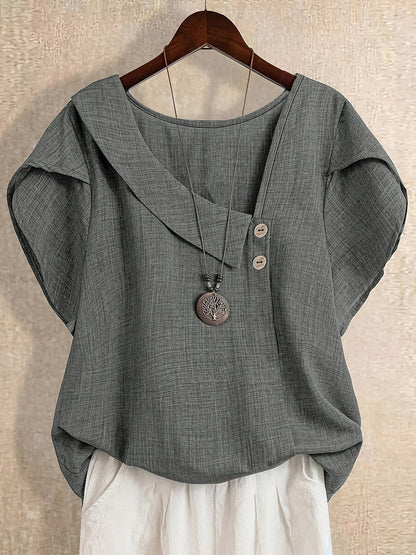 Women's tunic blouse with asymmetrical collar and short sleeves – Artistic casual style