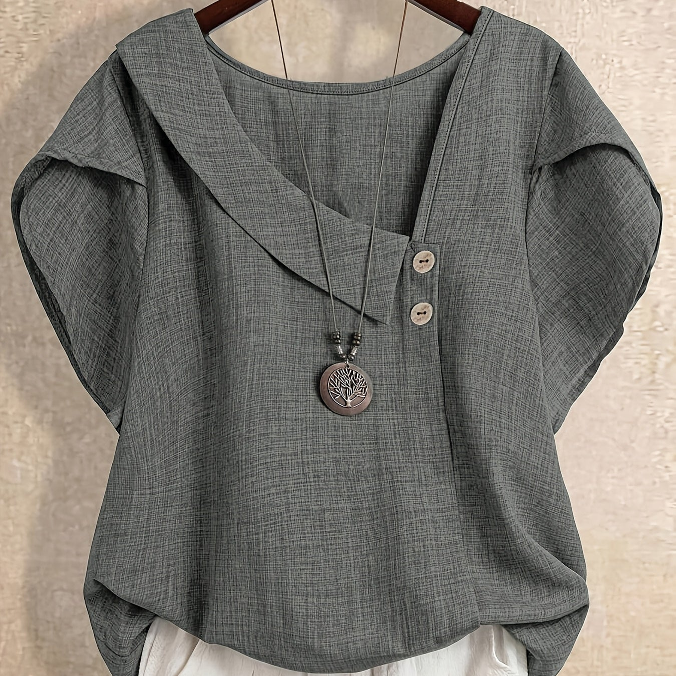 Women's tunic blouse with asymmetrical collar and short sleeves – Artistic casual style