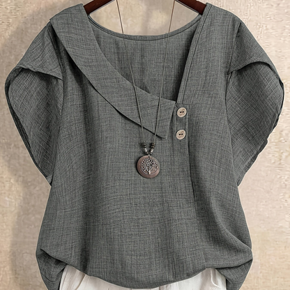 Women's tunic blouse with asymmetrical collar and short sleeves – Artistic casual style