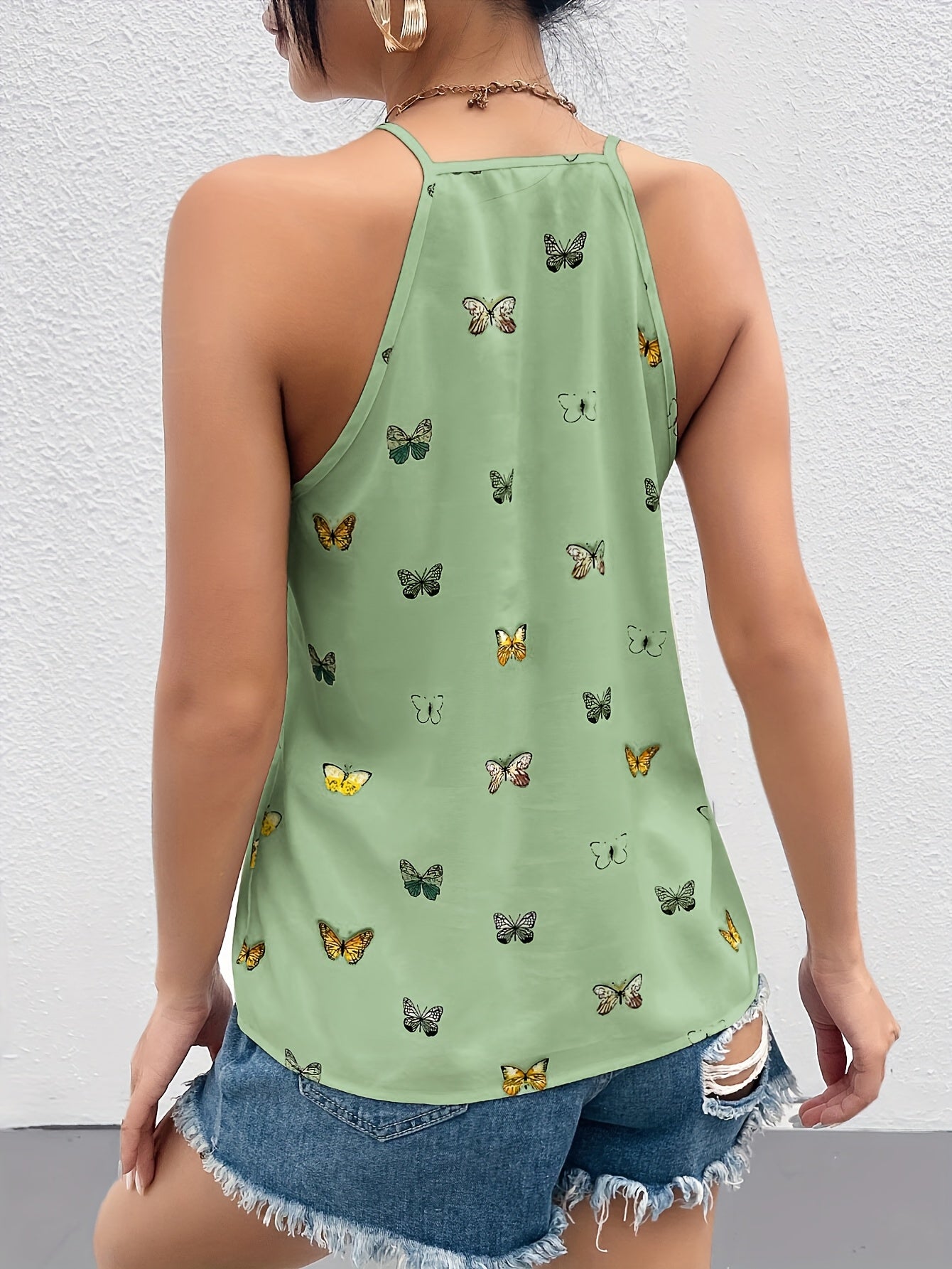 Women's top with butterfly print and spaghetti straps – Elegant summer blouse for leisure and everyday wear