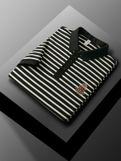 Men's Polo Shirt with Stripe Pattern and Chest Emblem – Classic, Short Sleeve, Smart-Casual for Leisure and Office