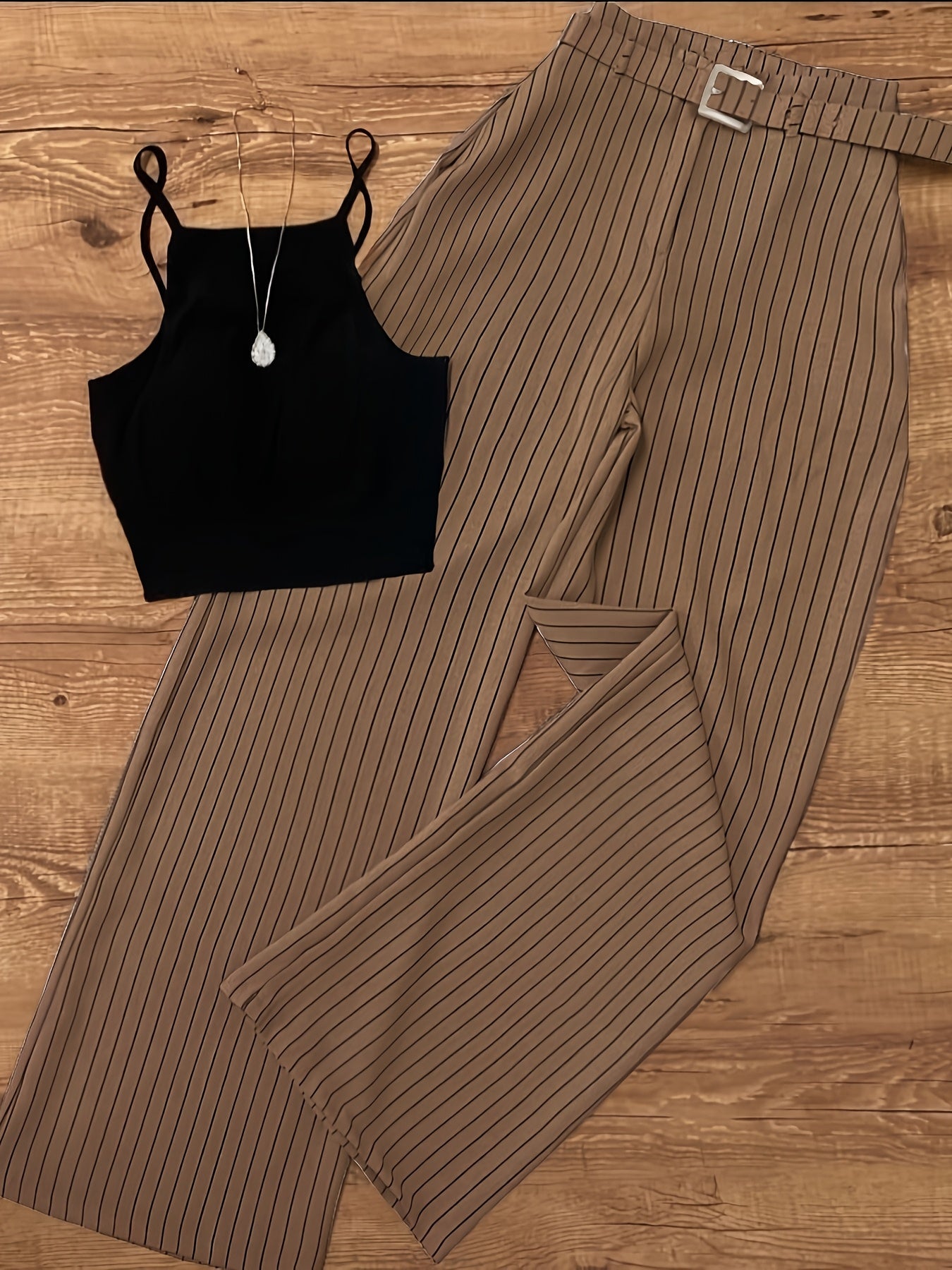 Women's Elegant Pinstripe Set – Sleeveless Top and Wide-Leg Pants with Belt, Perfect for Office and Leisure