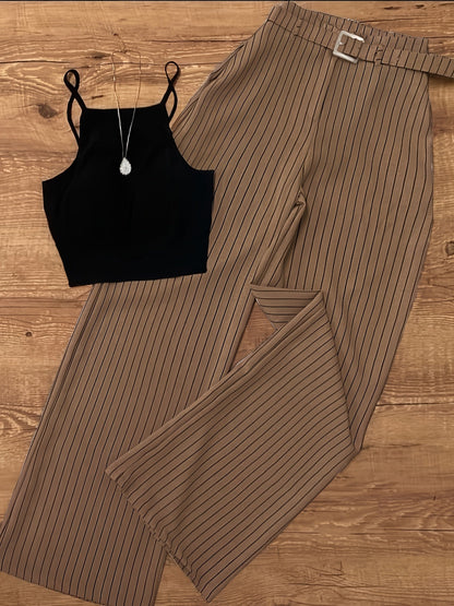 Women's Elegant Pinstripe Set – Sleeveless Top and Wide-Leg Pants with Belt, Perfect for Office and Leisure