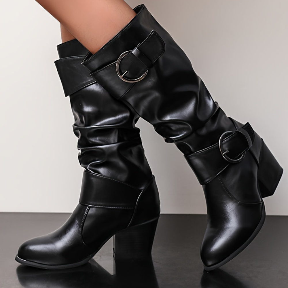 Damen Stiefel mit Schnallen Mid-Calf Blockabsatz Schwarz Braun