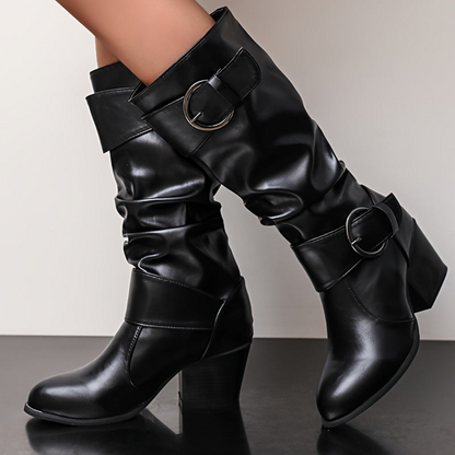 Damen Stiefel mit Schnallen Mid-Calf Blockabsatz Schwarz Braun