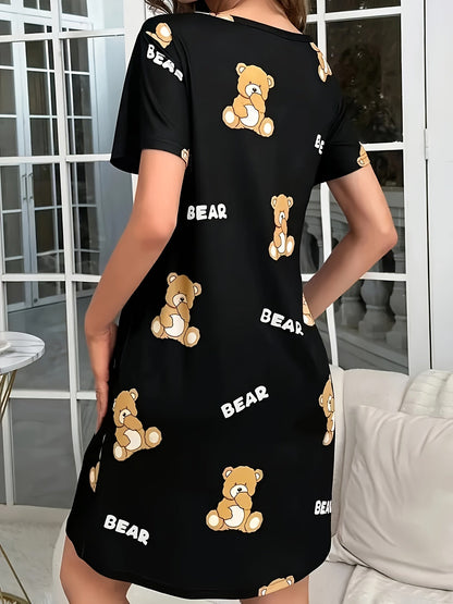 Women's Nightgown with Bear Print, Short Sleeves, Loose Fit, Cute Cartoon Style, For Home & Sleep