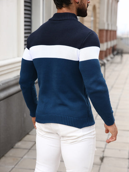 Herren Grobstrick Pullover mit Stehkragen & Knopfleiste, Farbblock-Design, Langarm