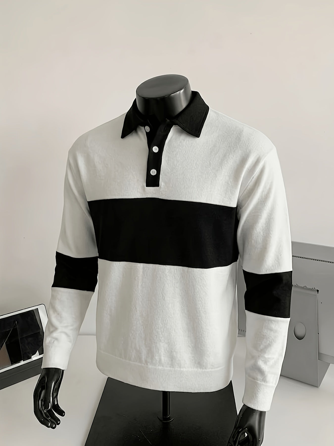 Men's long-sleeve striped rugby shirt with a polo collar, dark gray and black