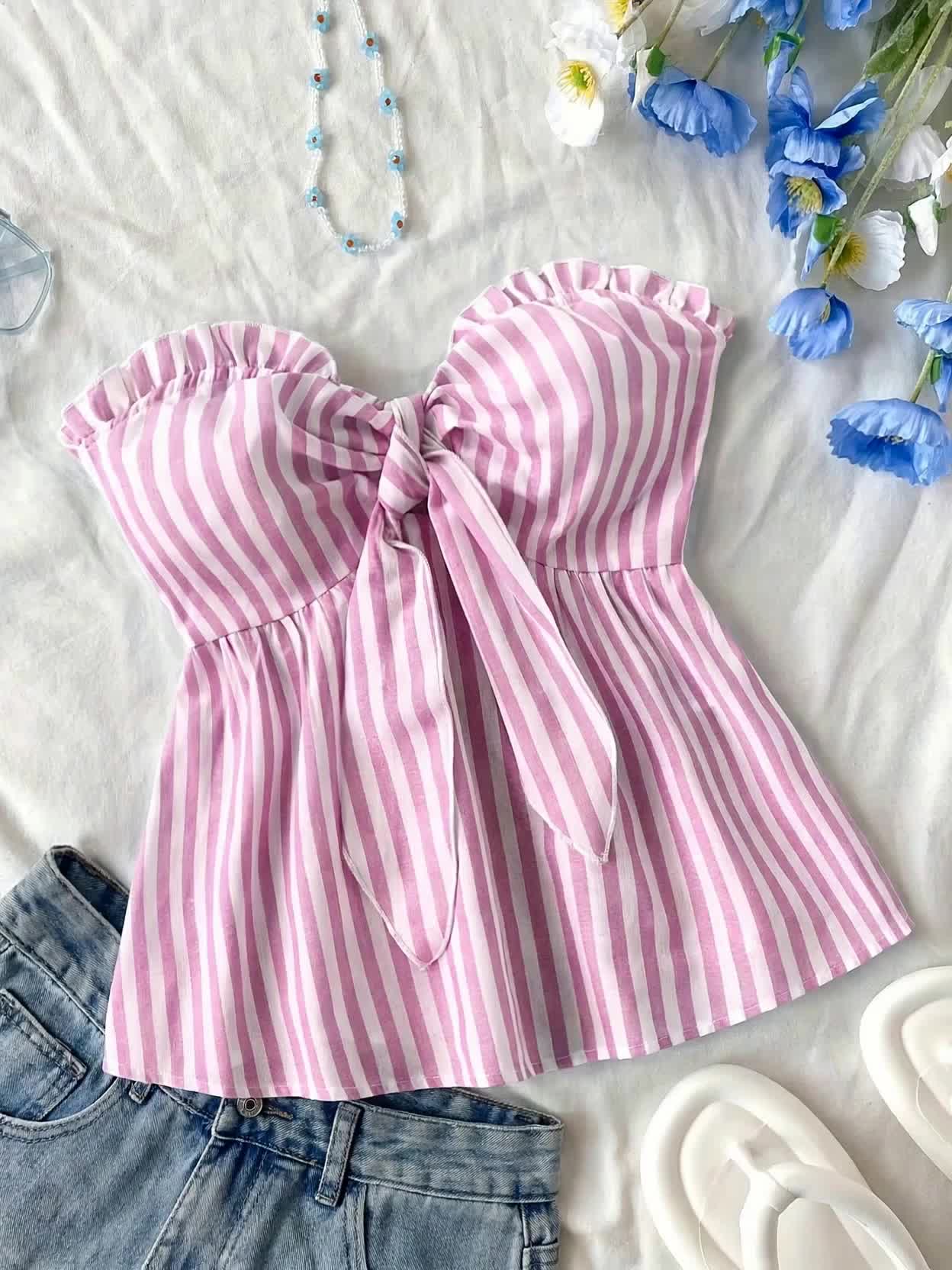 Women's bandeau crop top with bow front and ruffles – summer street style