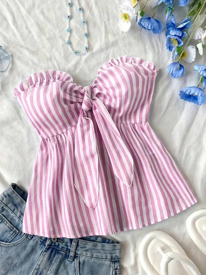 Women's bandeau crop top with bow front and ruffles – summer street style