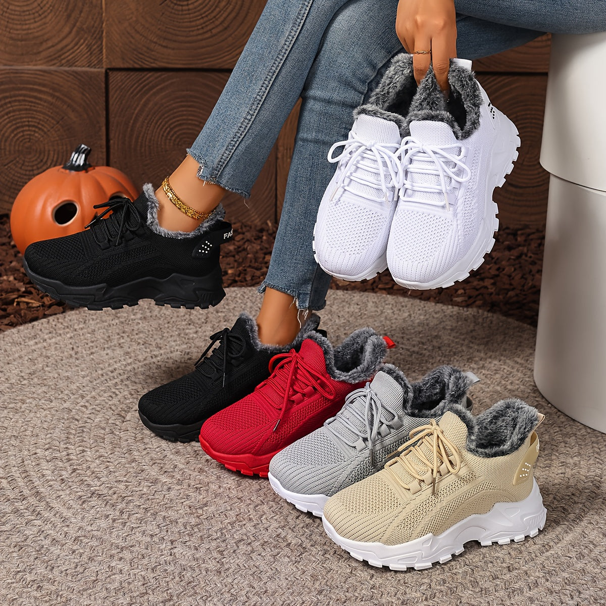 Damen Sneaker mit Strick-Obermaterial und Futter in Pelz-Optik Rot