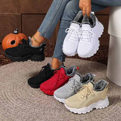 Damen Sneaker mit Strick-Obermaterial und Futter in Pelz-Optik Rot