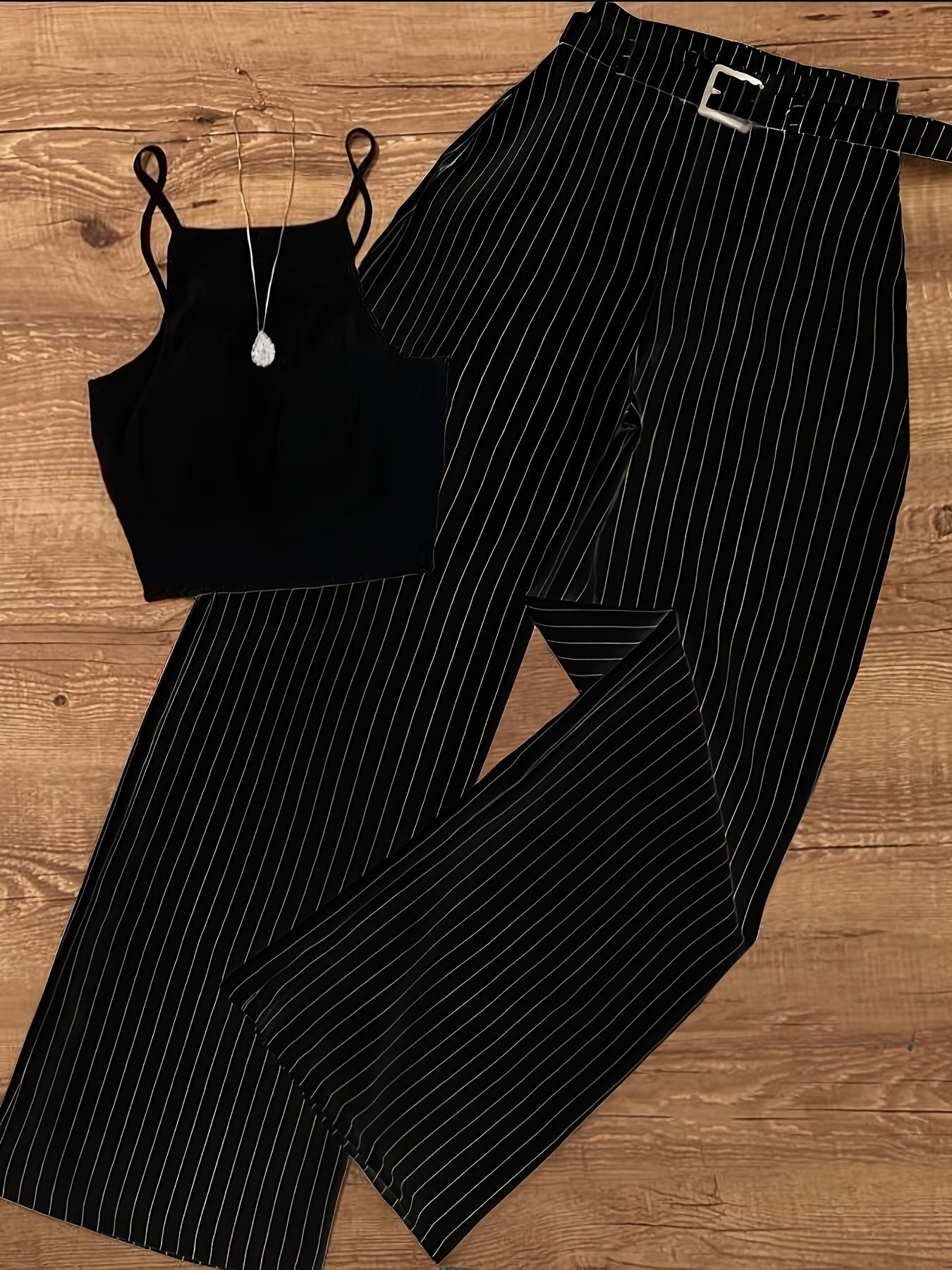 Women's Elegant Pinstripe Set – Sleeveless Top and Wide-Leg Pants with Belt, Perfect for Office and Leisure