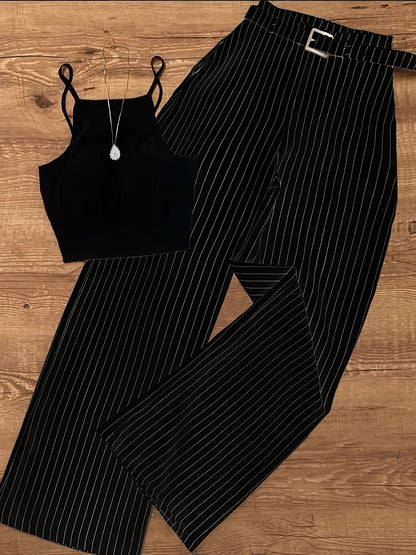 Women's Elegant Pinstripe Set – Sleeveless Top and Wide-Leg Pants with Belt, Perfect for Office and Leisure