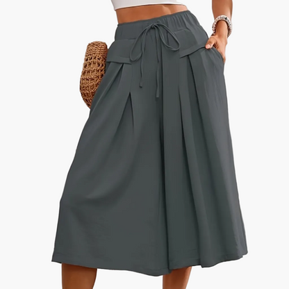 Women's Elegant Wide Summer Culotte Pants with Tie Belt – Fashionable Capri Pants for Leisure and Vacation