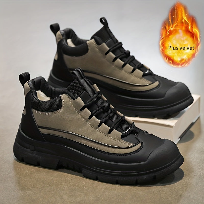 Men's sneakers, mid-top shaft, black and khaki, sturdy sole, lace-up closure