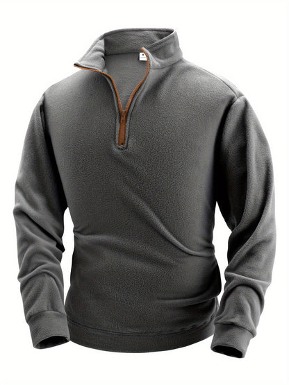 Men's Fleece Pullover with Stand Collar and Zipper, Warm Fleece Top