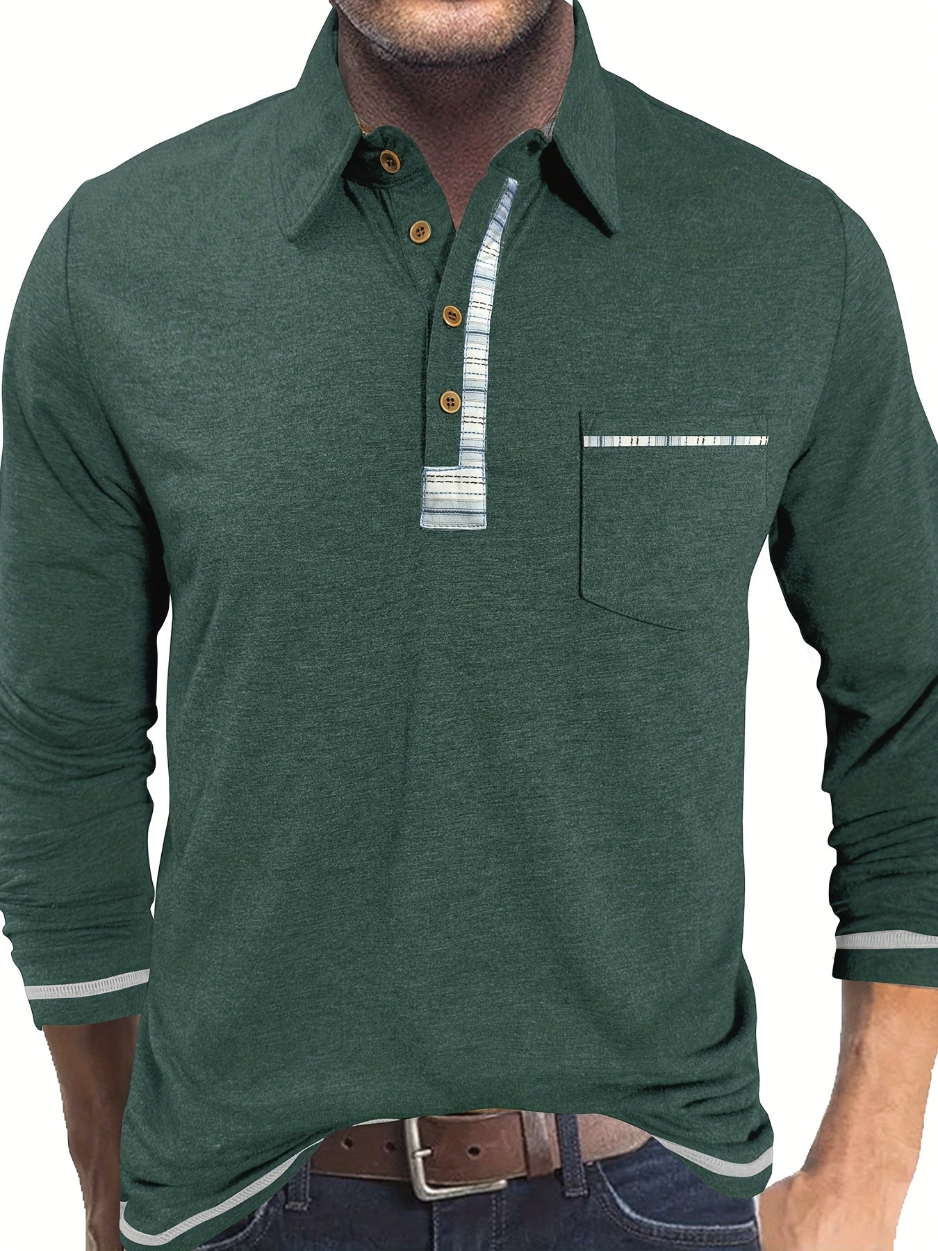 Men's long-sleeved polo shirt with chest pocket and patterned details
