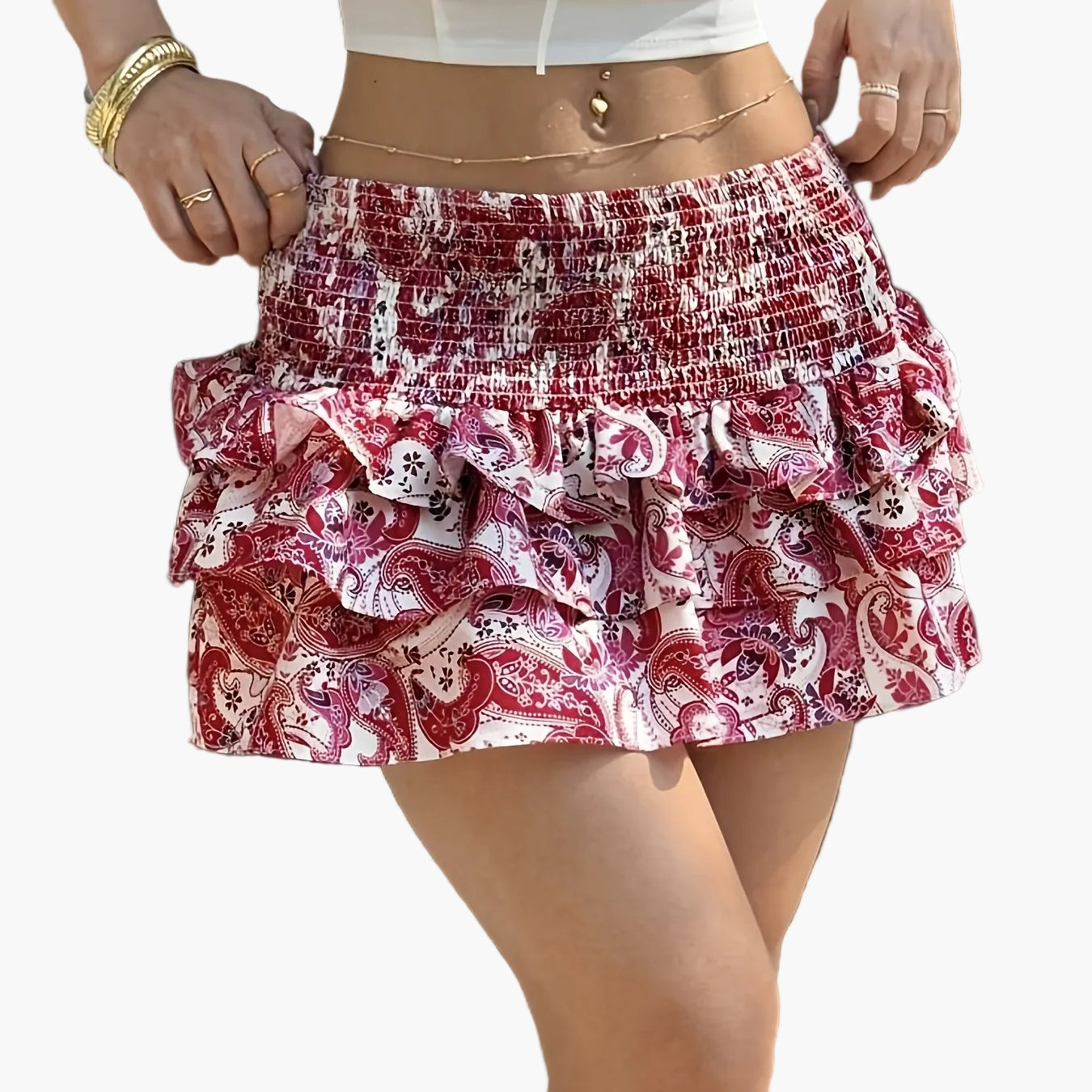 Women's Mini Skirt with Paisley Print and Ruffles – Summer, Vacation, Playful Style