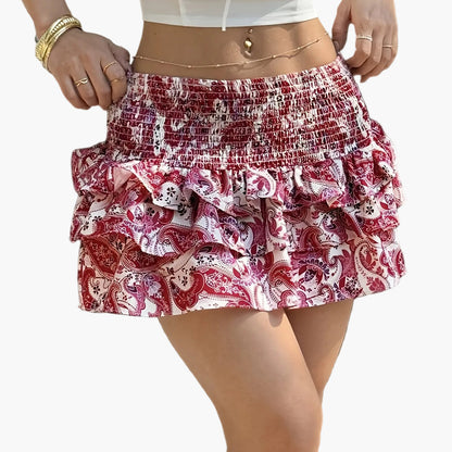 Women's Mini Skirt with Paisley Print and Ruffles – Summer, Vacation, Playful Style