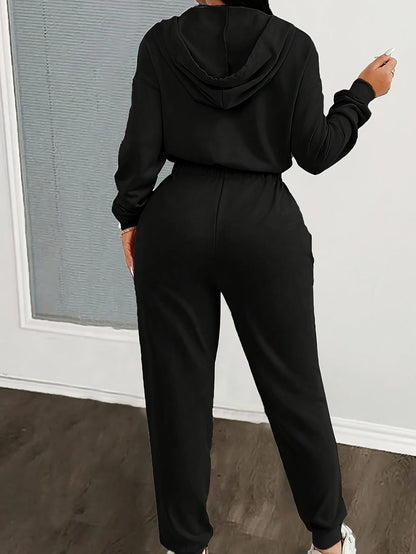 Women's jumpsuit with hood, zipper, and elastic waist