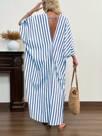 Women's Kaftan Maxi Dress in Maritime Stripe Design – Relaxed Vacation Style for Beach and Leisure
