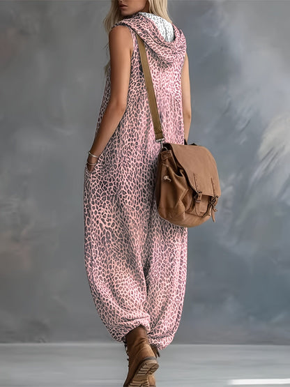Damen Jumpsuit ärmellos mit Kapuze Animal-Print lockere Passform
