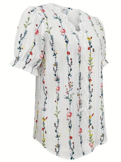 Women's blouse with floral pattern and ruffled collar – elegant summer style for leisure and everyday wear