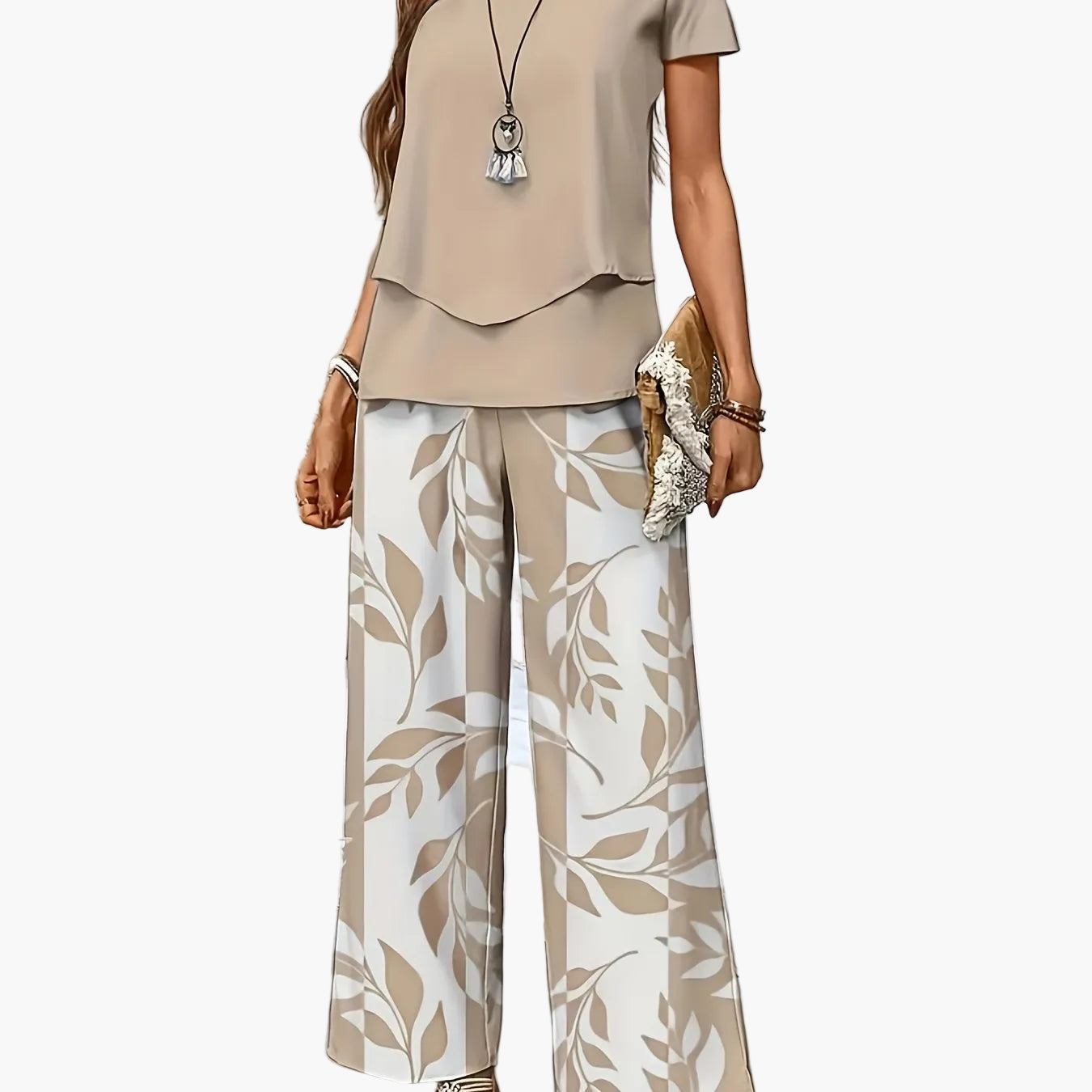 Women's Elegant Two-Piece Set with Short-Sleeve Shirt and Wide-Leg Pants, Floral, Perfect for Everyday and Vacation