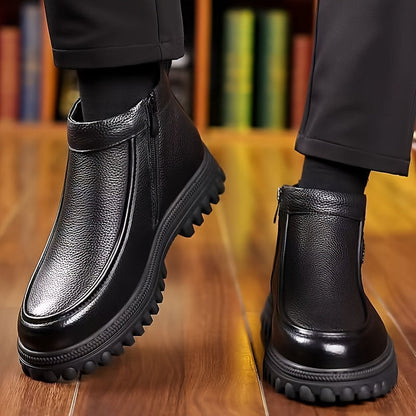 Men's black winter boots, lined, with a zipper and lug sole