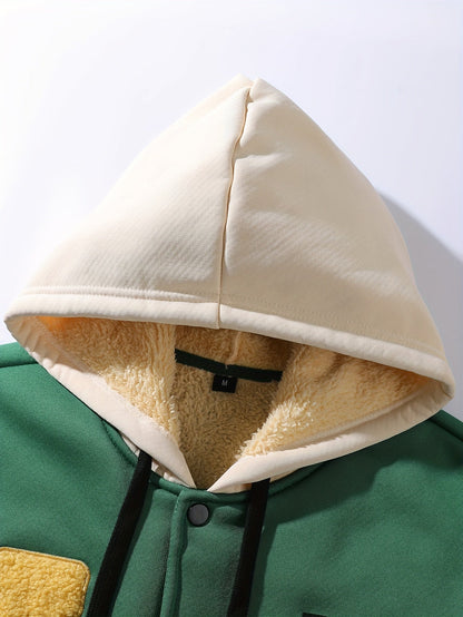 Unisex college-style hooded jacket in green and beige with fleece lining