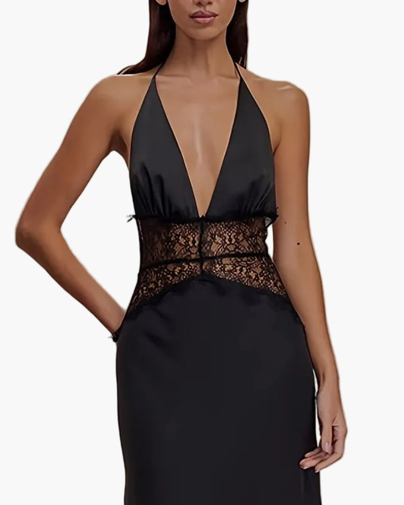 Women's Elegant Fit & Flare Evening Dress with Lace and Deep V-Neck, Floor-Length for Special Occasions