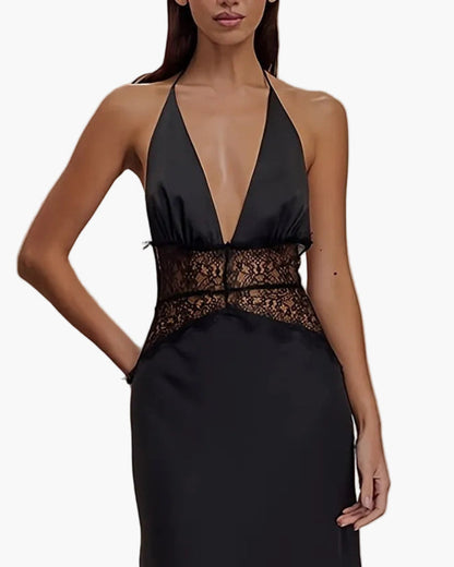 Women's Elegant Fit & Flare Evening Dress with Lace and Deep V-Neck, Floor-Length for Special Occasions