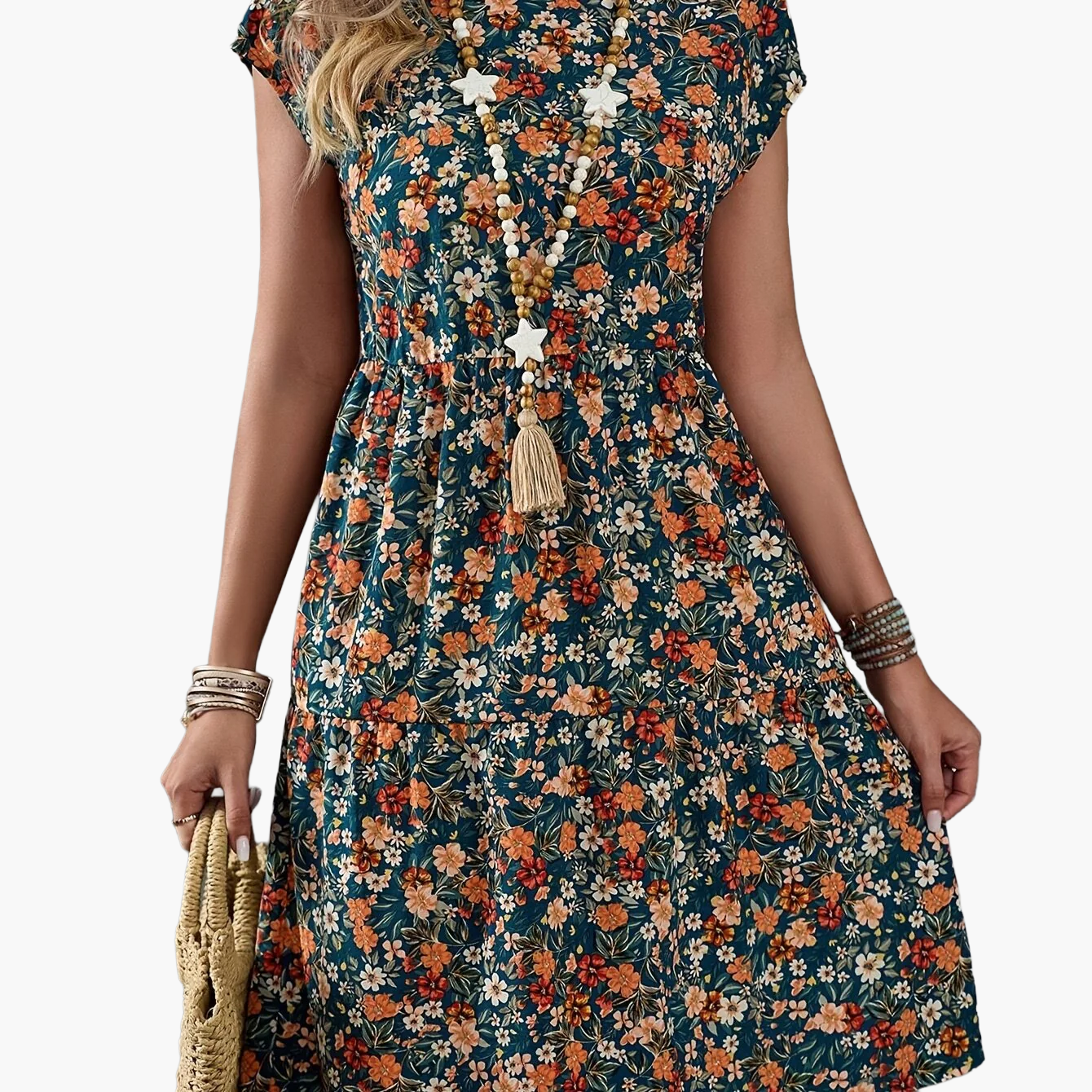 Women's summer dress with floral pattern – casual & vacation, A-line dress, knee-length, short sleeve