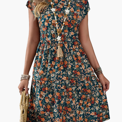 Women's summer dress with floral pattern – casual & vacation, A-line dress, knee-length, short sleeve