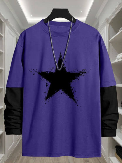 Men’s long-sleeve T-shirt with star print and contrast sleeves