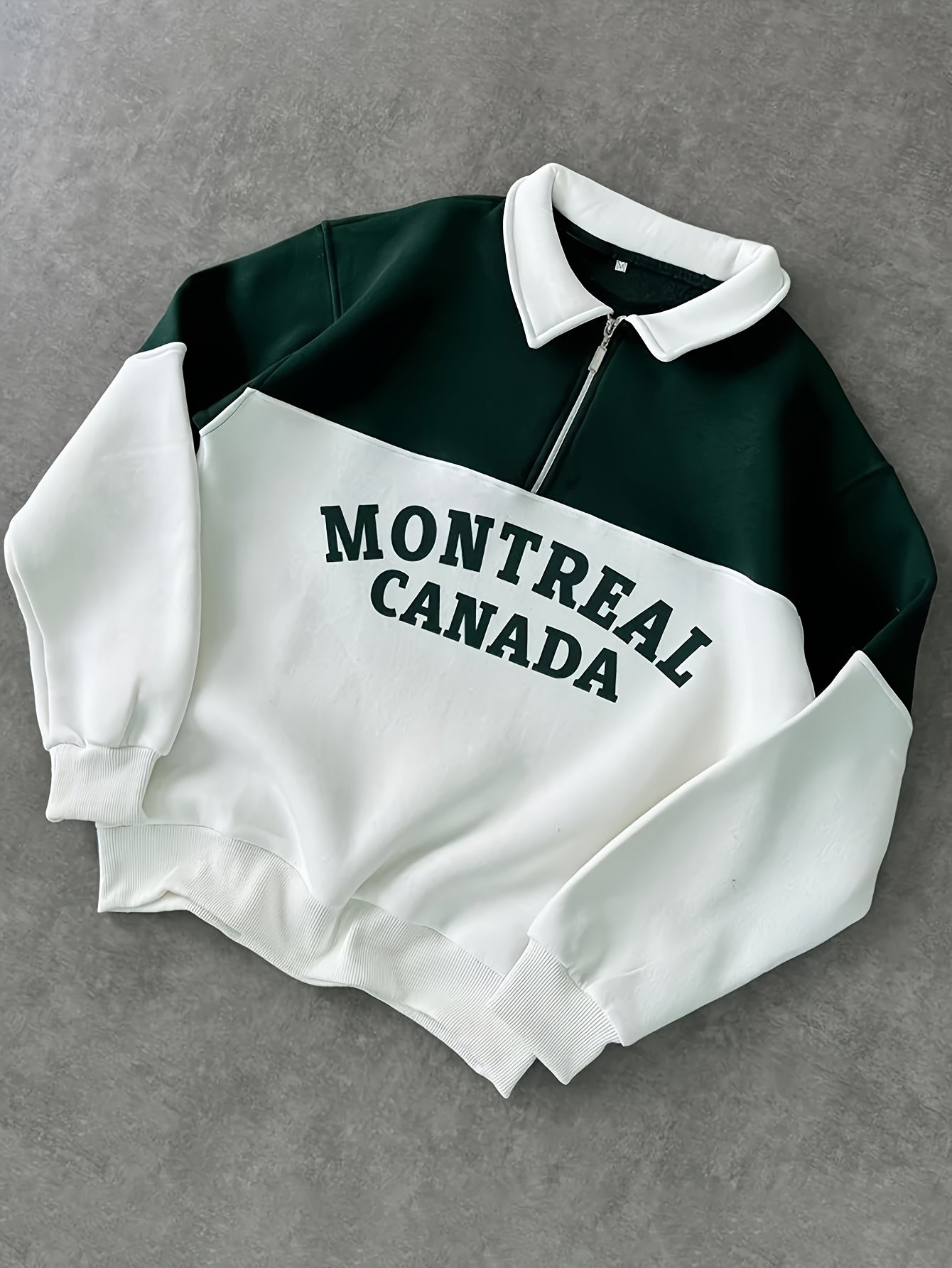 Unisex long-sleeve sweatshirt with collar, zipper, and “Montreal Canada” print – Green/White
