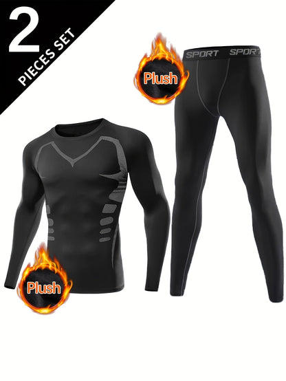 Men's long-sleeve black thermal underwear set with a compression fit