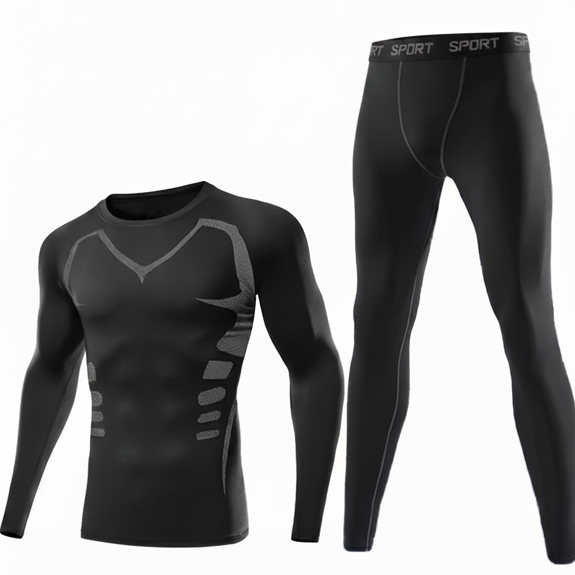 Men's long-sleeve black thermal underwear set with a compression fit