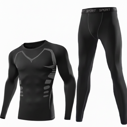 Men's long-sleeve black thermal underwear set with a compression fit